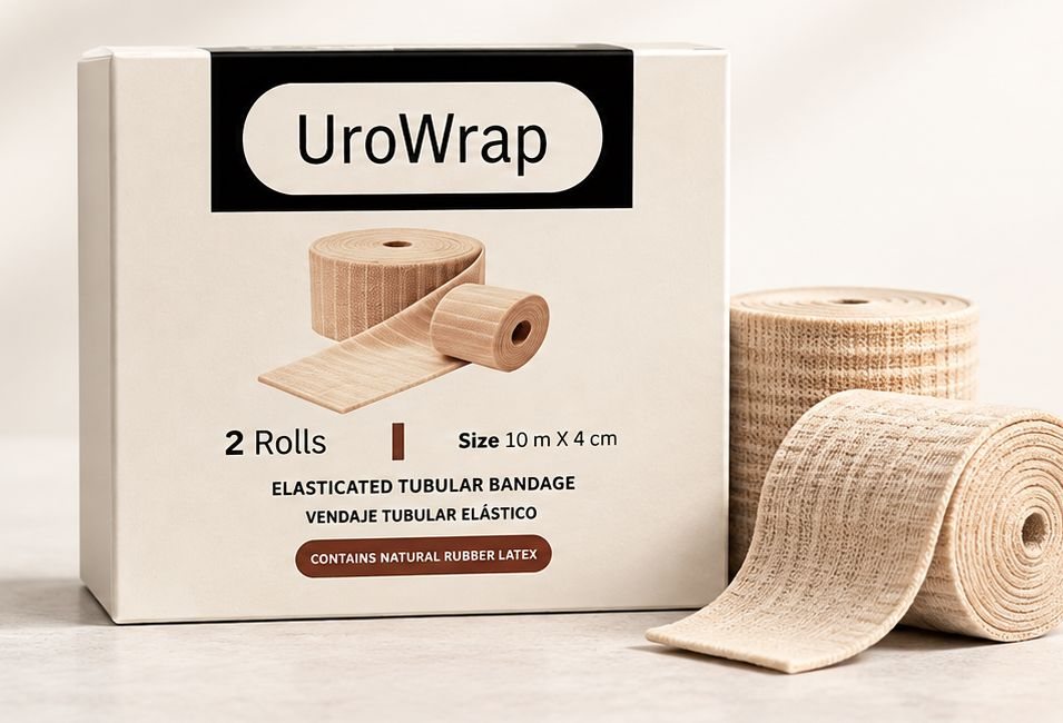 UroWrap 2 roll pack box with two beige elasticated tubular compression bandage rolls